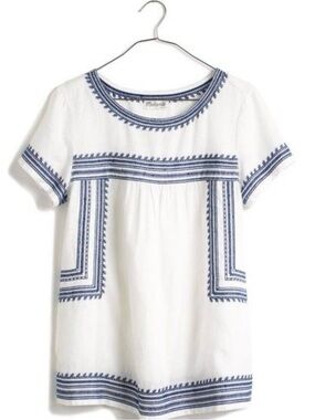 Madewell Cream Top with Navy Blue Embroidery